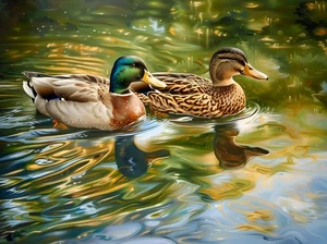 Pintura al óleo sobre lienzo para decoración del hogar con reflejos de estanque de patos impresa en lienzo - Imagen 1 de 7