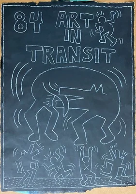 Keith Haring -Art IN Transit- NYC Subway Chalk dibujo en papel negro. 42nd Stre Foto 1 de 3