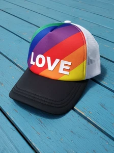 Rainbow Snapback Cap Mesh Trucker Hat LOVE Patch Pride LGBTQ Black White NWT - Picture 1 of 5