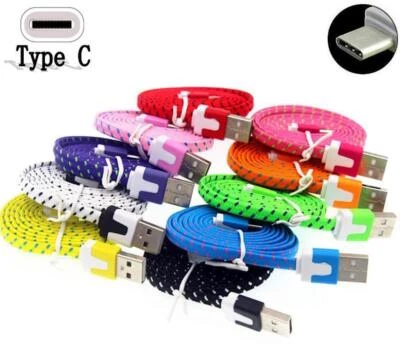 Fabric Braided flat Data Sync USB Charger Cable FOR MICRO-C TYPE REVERSIBLE PIN - Image 1 of 4
