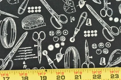 32" Long, Cream Old- Fashion Sewing Tools on Black Cotton, RJR, Barickman,P6996 - Image 1 of 4