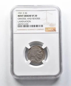 VF20 1921-S Indian Head Buffalo Nickel Mint Error OBV + REV Lamination NGC *9964 - Picture 1 of 3