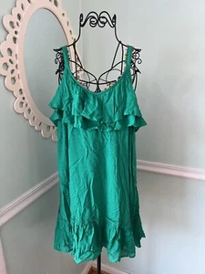 BLUE RAIN green swiss dot sundress Large rainbow pom pom ruffle dress NWT - Picture 1 of 7