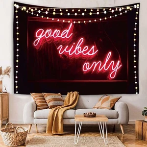 Red Tapestry Good Vibes Only Neon Sign Aesthetic Wall Dorm Room Decorations Y2K - Picture 1 of 4