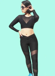 D'YUKI Textured Set Leggings and Crop Top Mesh Insert Padded Long Sleeve L/XL - Picture 1 of 8
