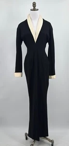 Donna Karan Vintage Black Ivory Pure Wool Shawl Collar Long Gown Sz 6 - Picture 1 of 15