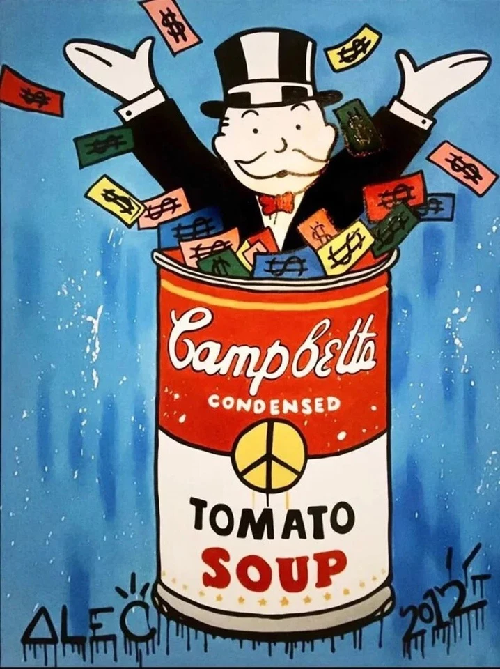 PINTURA AL ÓLEO SOBRE LIENZO CAMPBELLS SOUP ALEC MONOPOLY RARA FIRMADA Foto 1 de 4