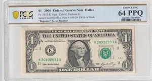 $1 2006 FRN Fr# 1933-K KA Block PCGS UNC 64 PPQ Dallas Radar Serial # - Picture 1 of 2