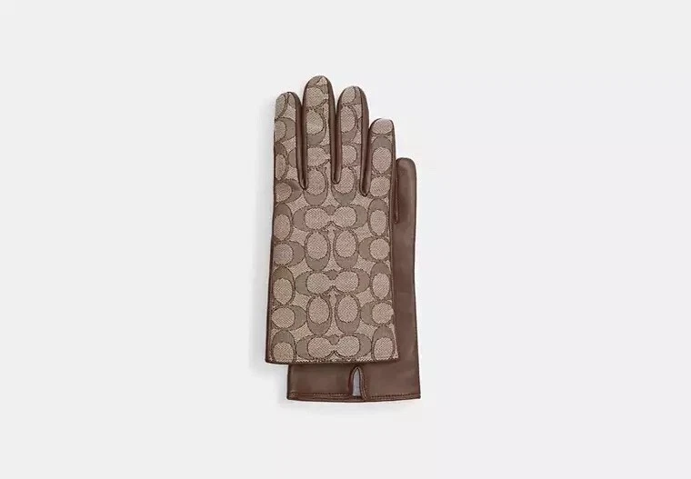 New w/Tags Coach Signature Jacquard & Leather Tan Tech Gloves Below $98 Retail - Image 1 of 1