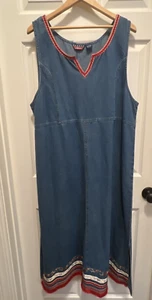 Vintage Denim Maxi Dress Jumper Womens 2X Fringe Ribbon Embroidered Side Splits - Picture 1 of 9