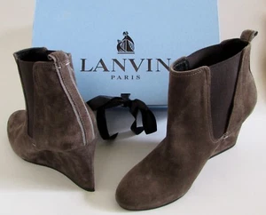 $725 NEW LANVIN Paris Brown Suede Wedge Chelsea Boots Sz 5.5 - Picture 1 of 10