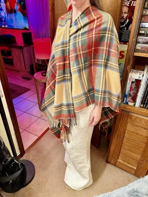 LL Bean Irish Wool Wrap Red/Cream Plaid Fringe Shawl John Hanly Of Ireland - Image 1 of 4