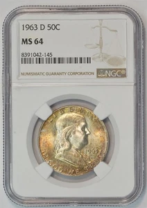 1963 D Franklin Silver Half Dollar Sunset Toning MS 64 NGC 50C US COIN - Picture 1 of 6