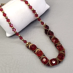 Vintage Glasperlen Halskette rot facettiert goldfarben Scheibe Perlen Art Deco 15,5" - Bild 1 von 17