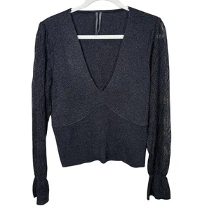 By Anthropologie Black Metallic Woven-Sleeve Twofer Sweater Women’s Size Medium - Picture 1 of 9