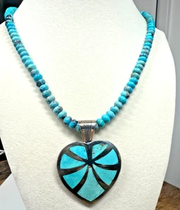 Jay King Sterling Turquoise Inlay Heart Pendant & Turquoise Bead Necklace 20" - Picture 1 of 13