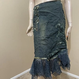 Damenrock blau grünlich Denim Baumwolle Perlen bestickt Boho Größe L (8-10) 3711 - Bild 1 von 12