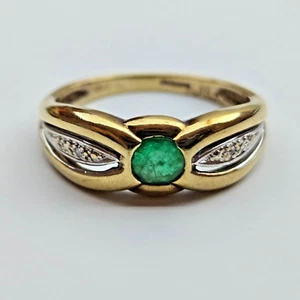 9ct Yellow Gold Ring Green Emerald and Diamonds Ring Size O 1/2 May Birthstone - Picture 1 of 15