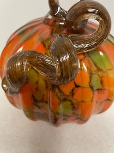 Glas orange grün und braun großer Kürbis 6,5" Herbst Halloween Erntedank Deko - Bild 1 von 8