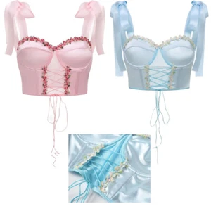 Women Self-Tie Shoulder Strap Lace Corset Top Satin Crop Top Sexy Basque Bustier - Picture 1 of 18