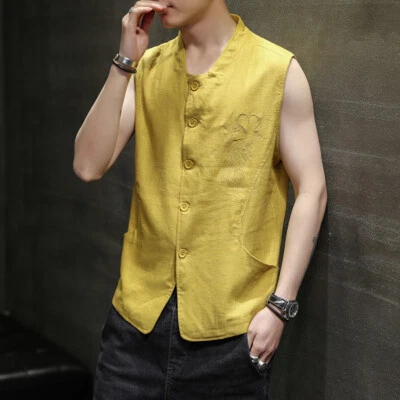 Hommes Chinois Débardeur Gilet Brodé Floral Veste Ethnique - Photo 1/4