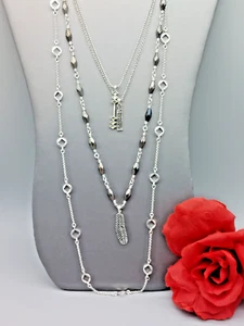 NWT Signed Lucky Brand 4 Strand Necklace Feather & Bar Pendant Silver Tone - Picture 1 of 6