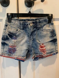 Justice Girls Stars and Stripes Distressed Denim Shorts Size 12 Slim - Picture 1 of 10