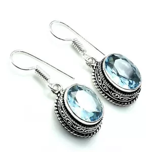 Aquamarine Gemstone Handmade 925 Sterling Silver Jewelry Earrings Size 1" - Picture 1 of 1