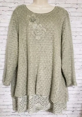Suéter túnica Ali Miles para mujer talla grande 3X color topo encaje capas lentejuelas rosetas Foto 1 de 4