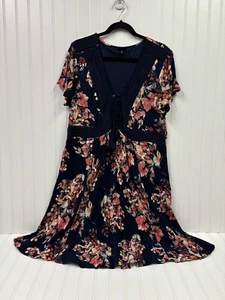 Torrid Mini Gauze Lace-Up Skater Dress Plus Size 1 Blue Floral Short Sleeve - Picture 1 of 8
