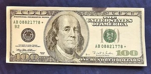 100 Dollar Bill Star Note 1996 Federal Reserve Replacement Note AB08821778* - MF - Picture 1 of 4
