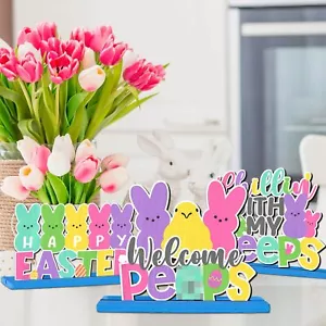 Happy Easter Decorations Indoor Tabletop Colorful Rabbits Eggs Wooden Signs 3Pcs - Picture 1 of 12