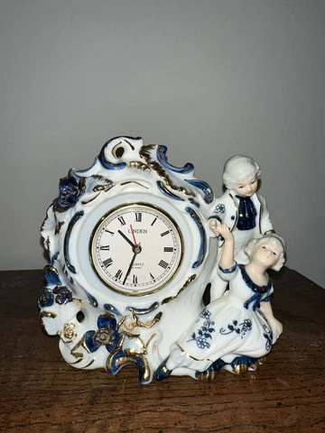 Vintage Linden Mantel Alarm Clock - Geniune Porcelain Blue/White & Gold Cover