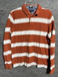Tommy Hilfiger Rugby Polo Shirt Mens M Cotton Long Sleeve Striped Brown