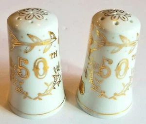 Vintage Lefton 50th Anniversary Salz und Pfeffer Set Shaker Goldton Akzente - Bild 1 von 4