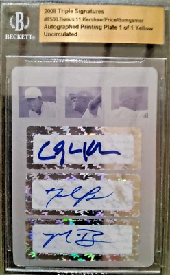 2008 Auto Signatures Clayton Kershaw, David Price, Madison Bumgarner 1/1 plate - Image 1 of 2