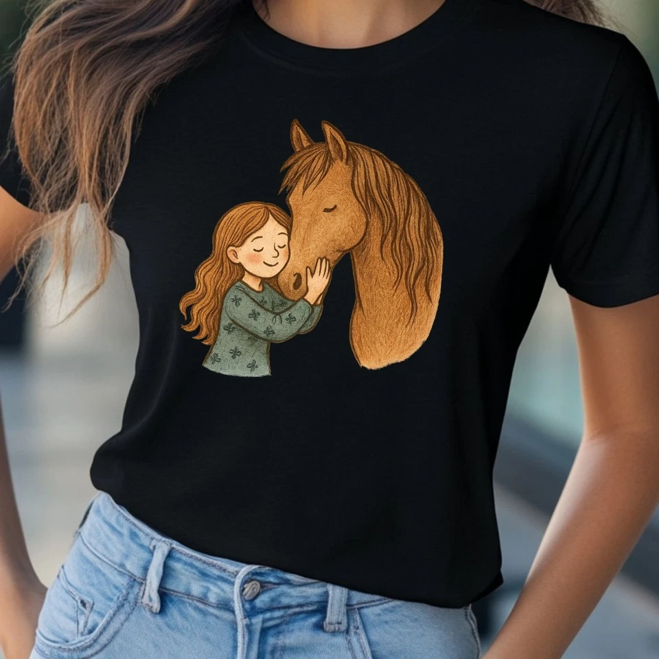 T-Shirt Frauen Mädchen mit Pferd Motiv Baumwolle Größe S bis 3XL - Bild 1 von 1