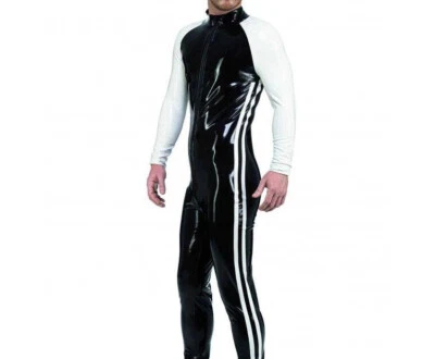 Traje de gato de goma de látex Cosplay negro Halloween Body rayas blancas S-XXL Foto 1 de 2