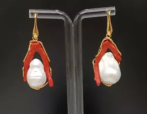 orecchini donna pendenti vero corallo rosso Sardegna perla naturale argento 925 - Foto 1 di 8
