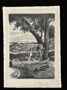 Antique Radierung Handabzug Etching Alpine Village Scene c.1910s Signed - Picture 1 of 6