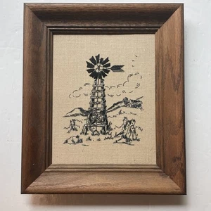 Vintage WINDMILL Black EMBROIDERY on Linen  Framed Wood 11x13 - Afbeelding 1 van 7