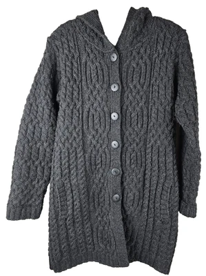 Aran Crafts 爱尔兰 100% 美利奴羊毛连帽长款开衫毛衣 XS 灰色电缆 — 第 1/4 张图片
