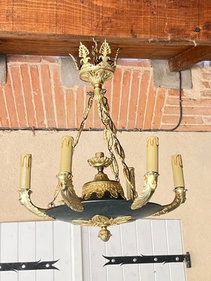 Ancien lustre de style empire décor mascarons palmettes bronze doré  XIXé - Photo 1/4