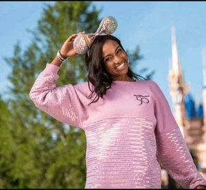 Walt Disney World 50th Anniv Sequin Pinkish Pastel Lilac Embroidered Sweatshirt - Picture 1 of 16