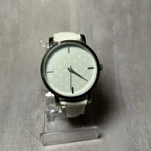 Vintage Damenuhr silber grau Punkte weißes Band 36 mm rund Japan Mvt - neue Batterie - Bild 1 von 7