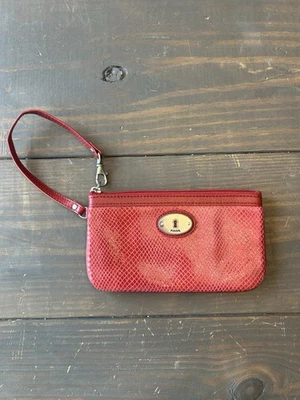 Cartera billetera billetera de gamuza roja fósil de piel de serpiente con cremallera alrededor de la tarjeta de crédito Foto 1 de 4