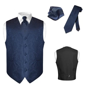 Men's Dress VEST NeckTie for Suit NAVY BLUE Color PAISLEY Design Tie Hanky XS - Picture 1 of 3