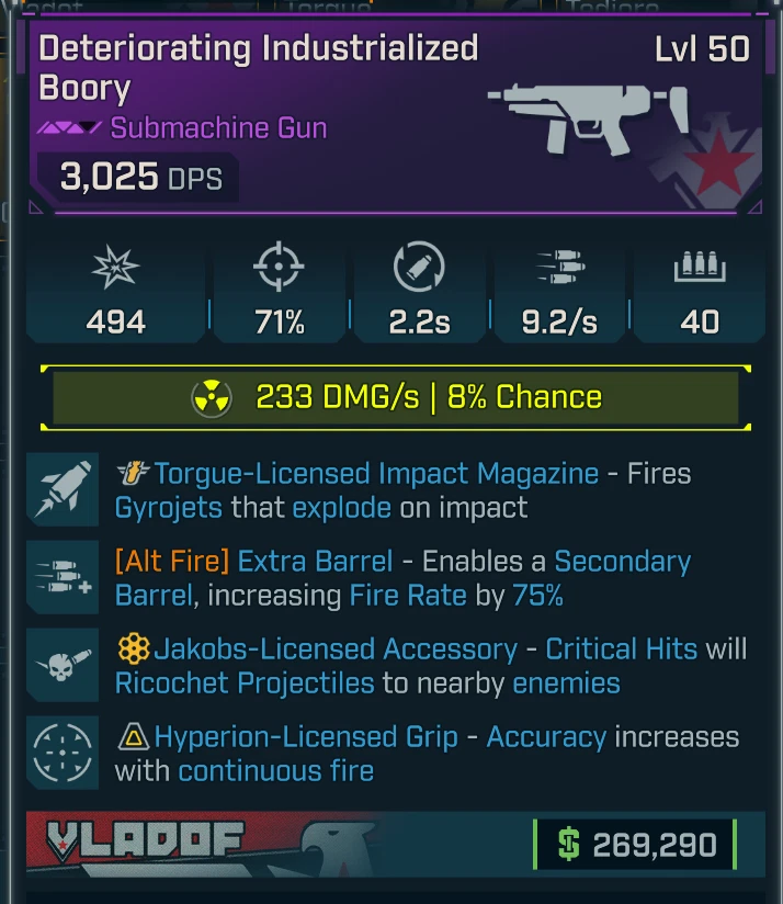 Borderlands 4 ⭐  BOORY  SMG⭐EXTRA BARREL⭐ RADIATION⭐ TORQUE IMPACT ⭐JAKOBS - Image 1 of 1
