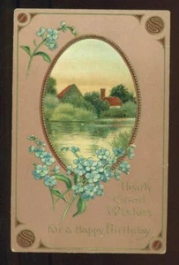 Postal vintage escena de cabaña con buenos deseos de cumpleaños Forget Me Nots - Imagen 1 de 1