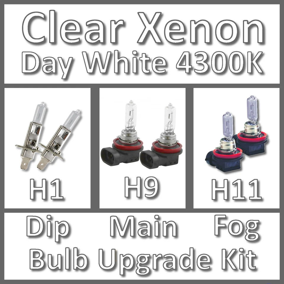 Day White 4300K Clear Xenon Headlight Bulb Set Main Dip Fog H1 H9 H11 Kit - Image 1 of 1